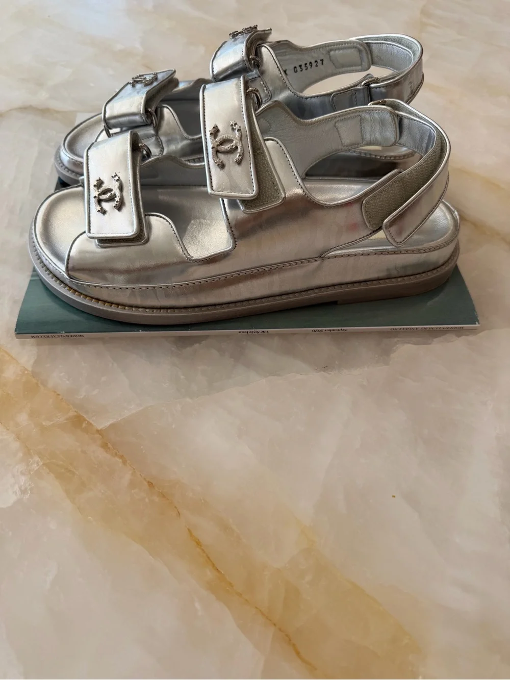 CHANEL Silver Double-Strap Sandals Size 38